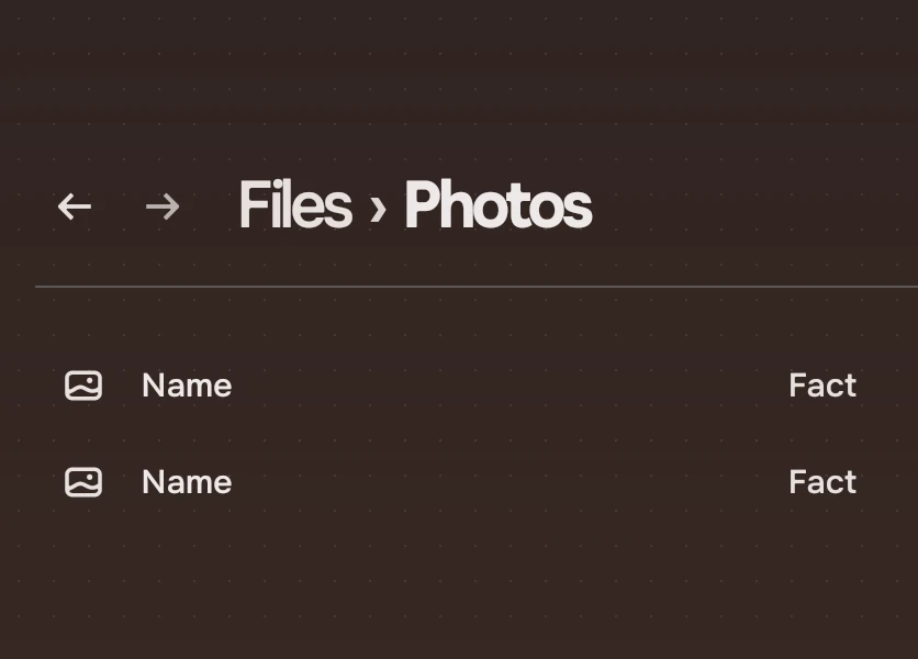 A page header reading Files, Photos, then two rows.