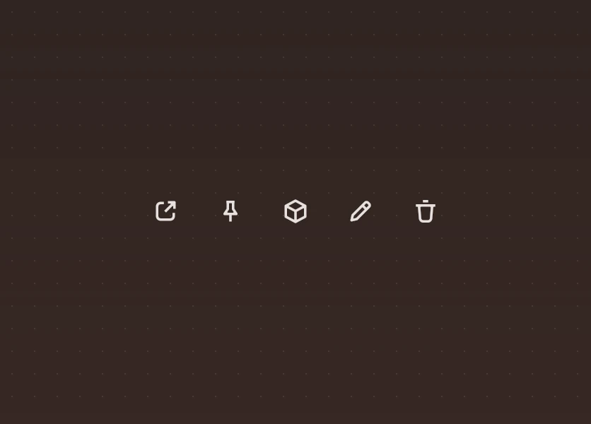 A row of five icon buttons: open with, park, archive, rename, trash.