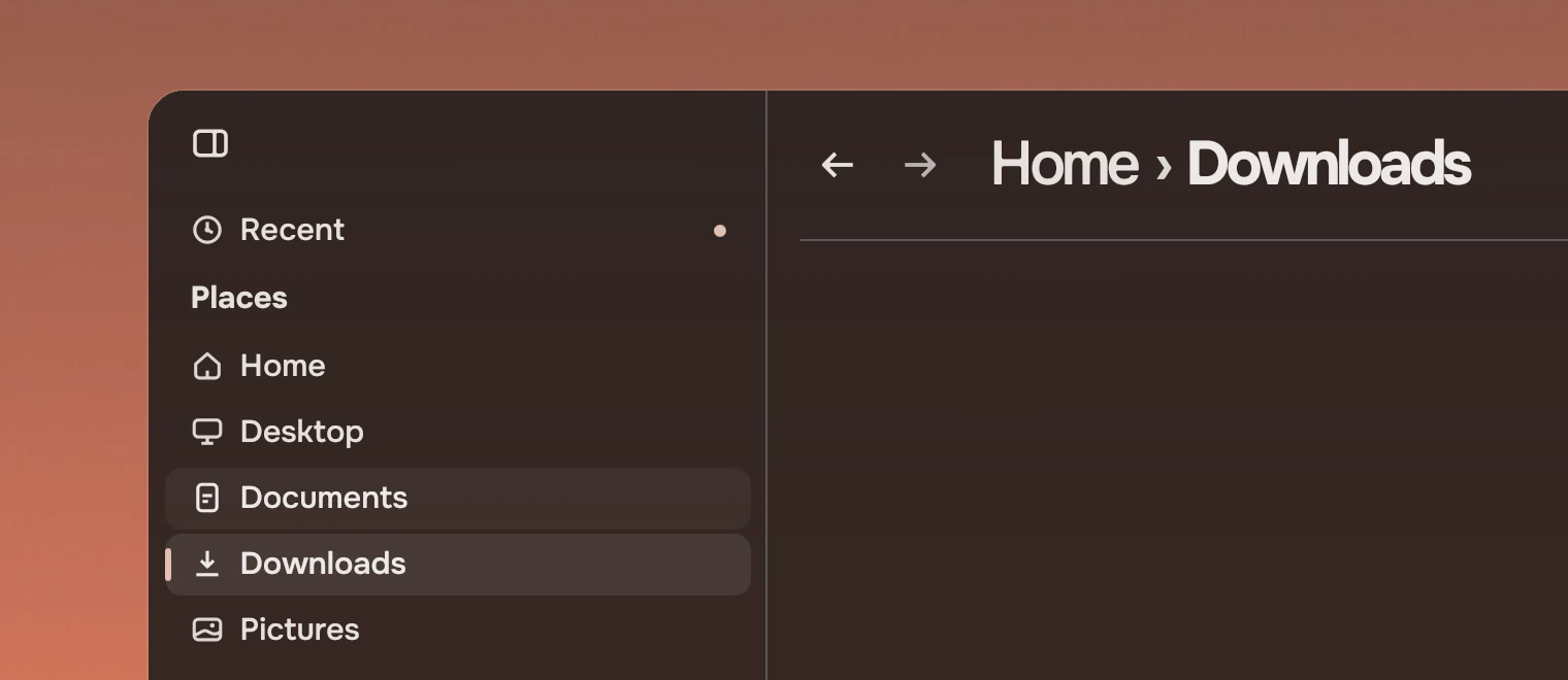 Part of a window with the rail of Files down its left edge: Recent with a dot, a Places section with five places, Downloads current, and Documents under the pointer. The page header is beside it.