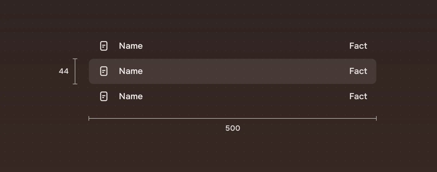 A list of three rows with its row height of 44 pixels and its width of 500 measured.