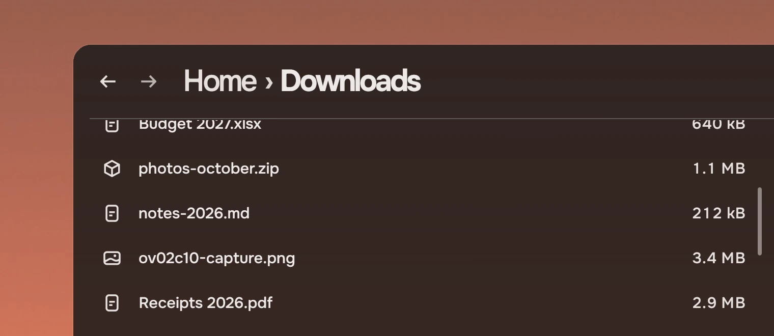 Part of a Files window headed Home, Downloads with a list of files cut at the top by scrolling. A thin pale bar at the list's right edge shows the place in the list.