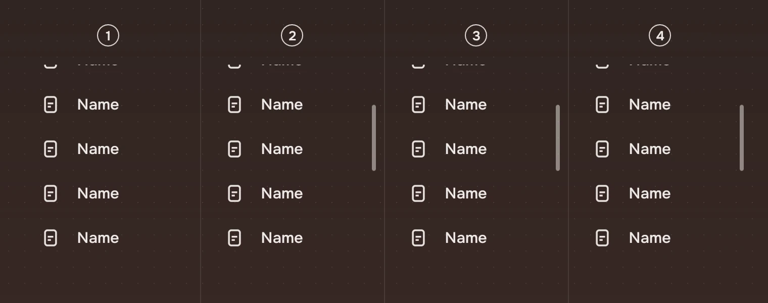 Four lists side by side, numbered. 1: no bar. 2: the bar shown while the view moves. 3: the bar shown with the pointer near the right edge. 4: the bar shown while it is dragged.