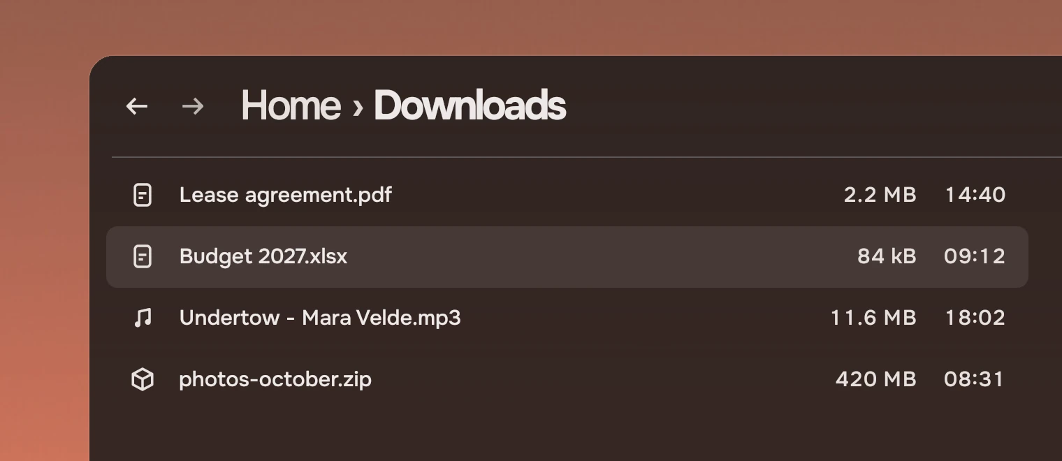Part of a file manager window headed Home, Downloads, with a list of four files, cut by the window's lower edge.