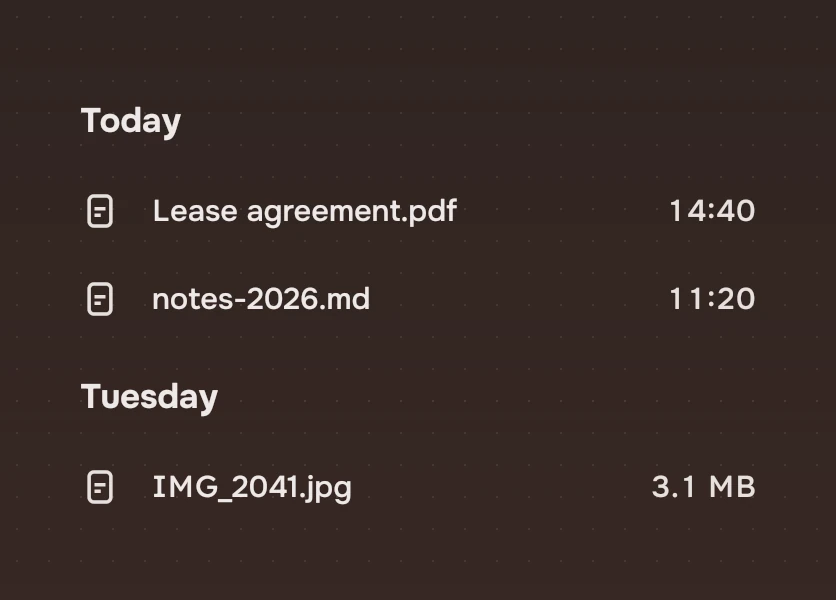 Two headings, Today and Tuesday, each over the files from that day.