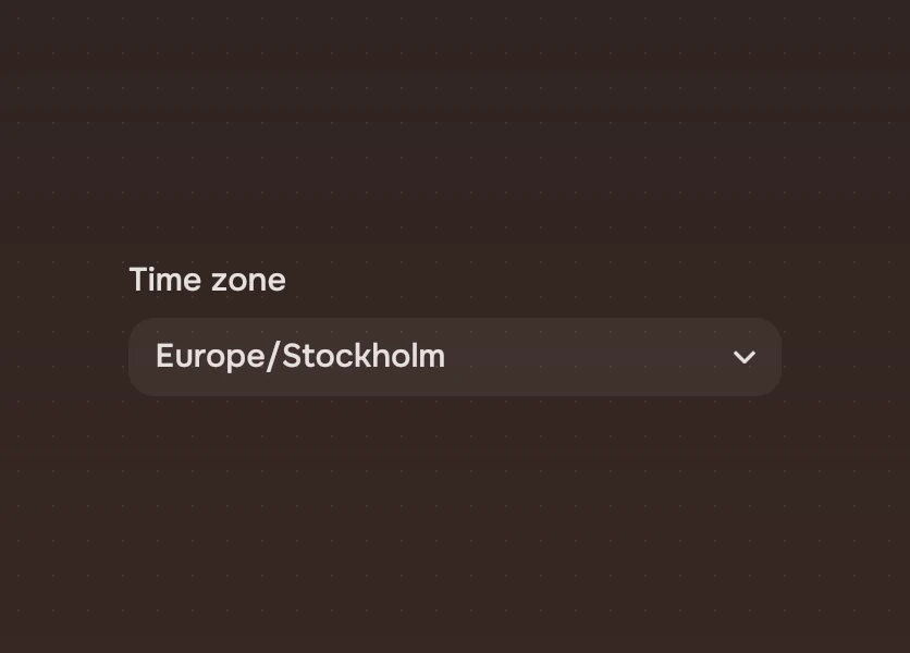 The label Time zone above a closed select showing Europe/Stockholm.