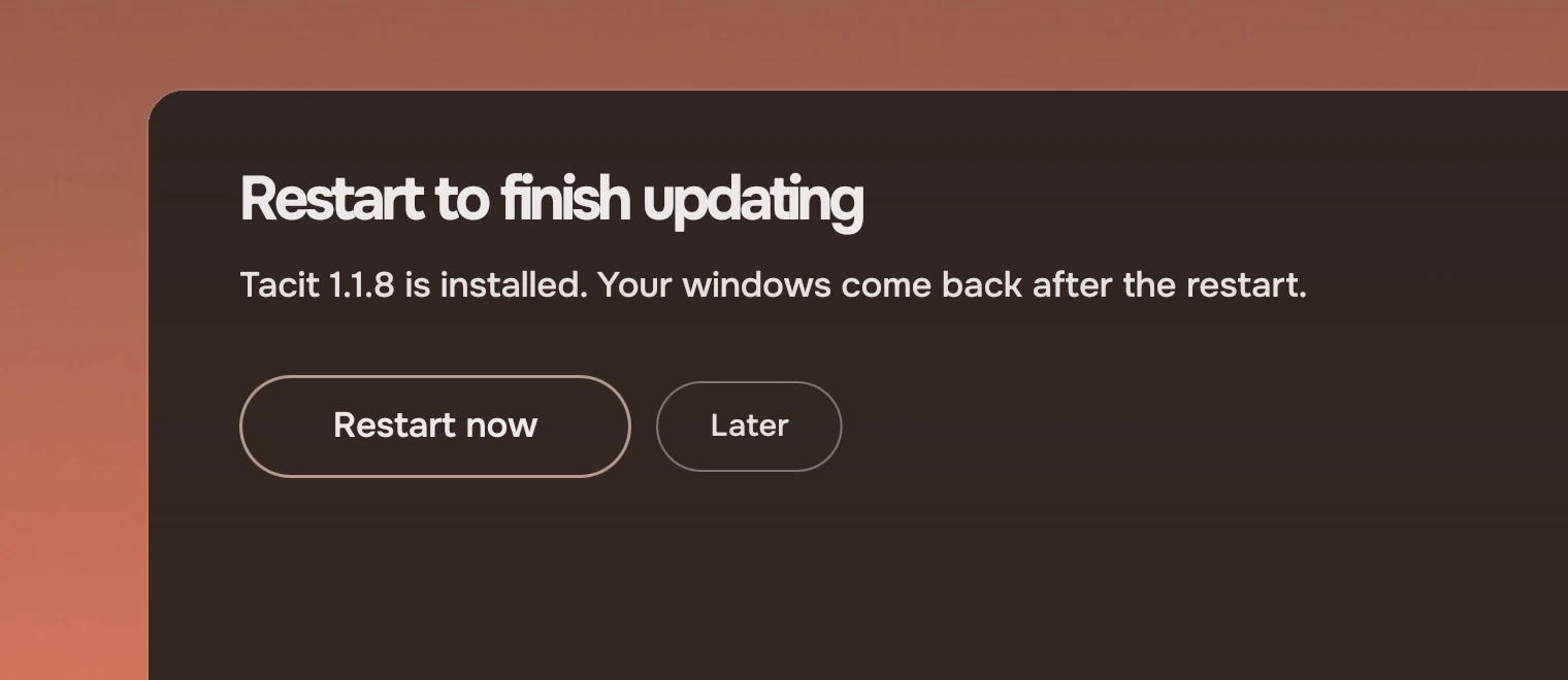 Part of a window with the heading Restart to finish updating, one line of text, a forward Slab Restart now and a quiet Slab Later.