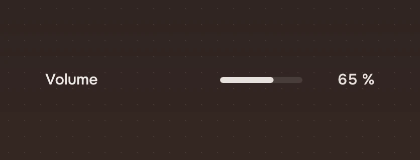 A row with the name Volume, a slider at 65 % and the word 65 %.