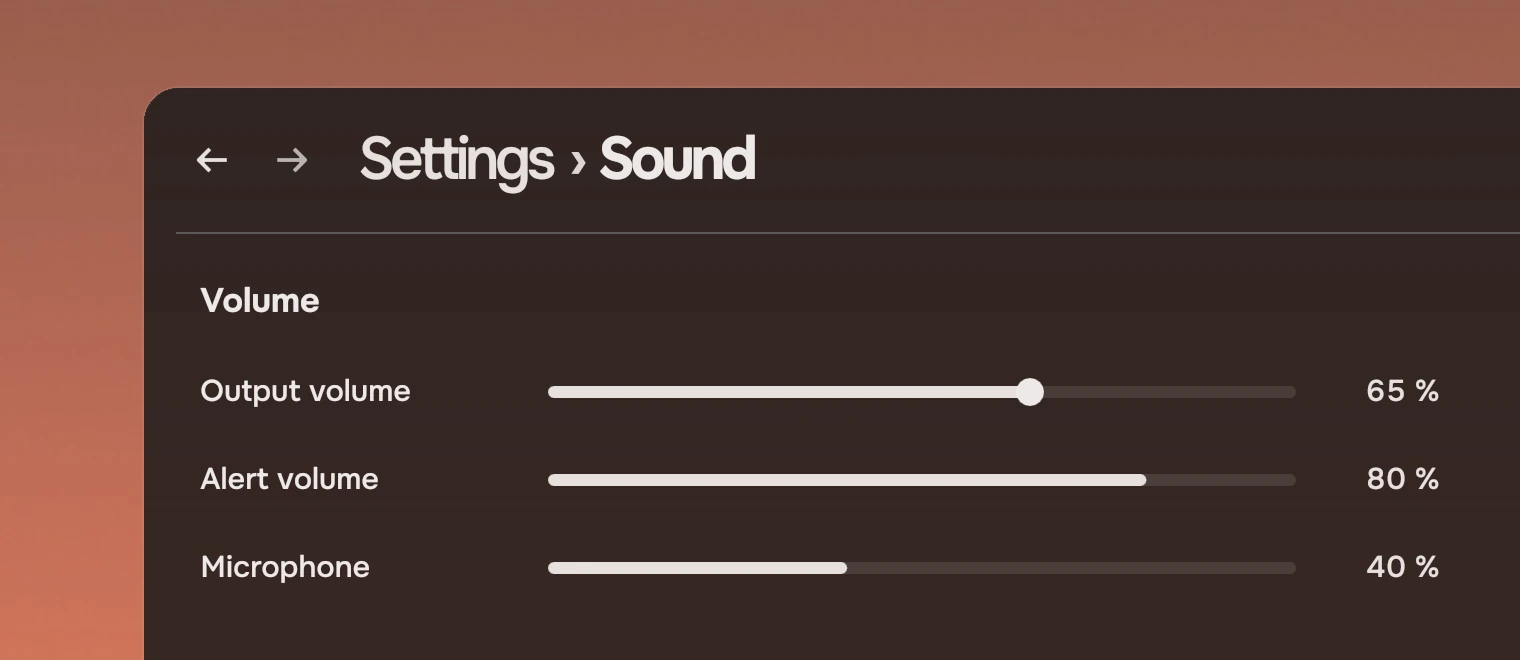 Part of a Settings window titled Sound with the heading Volume and three rows: Output volume at 65 % with its knob showing under the pointer, Alert volume at 80 %, Microphone at 40 %.