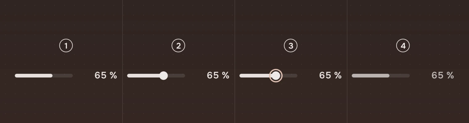 The slider in four columns: at rest with no knob, under the pointer with the knob, with the keyboard focus ring on the knob, and unavailable.