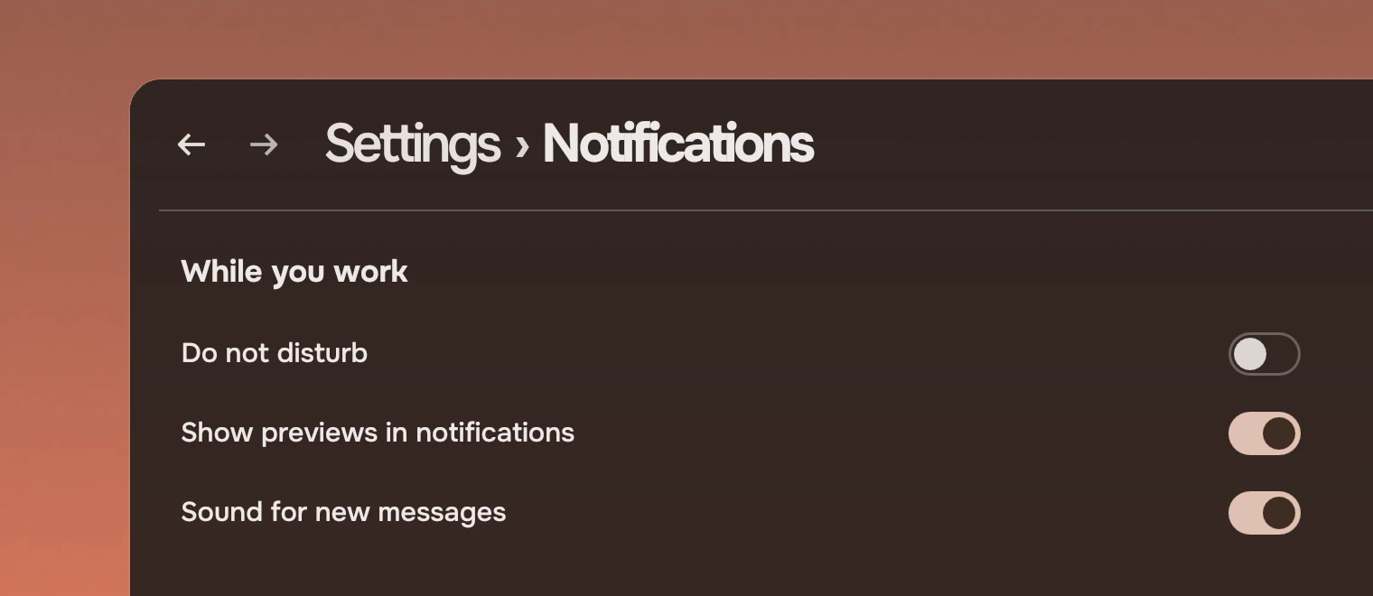 Part of a Settings window titled Notifications with the heading While you work and three rows: Do not disturb off, Show previews in notifications on and under the pointer, Sound for new messages on.