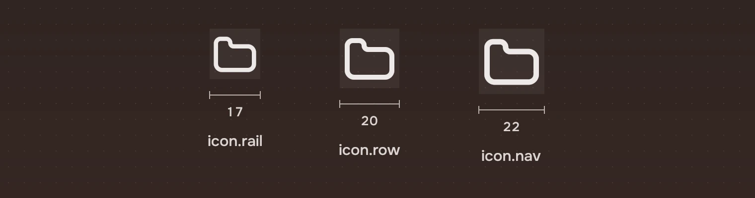 The folder symbol at three times each size, in its square: 17, 20 and 22 pixels, named rail, row and nav.