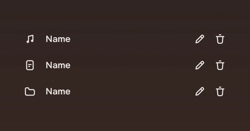 The same rows with an edit and a trash symbol on each.