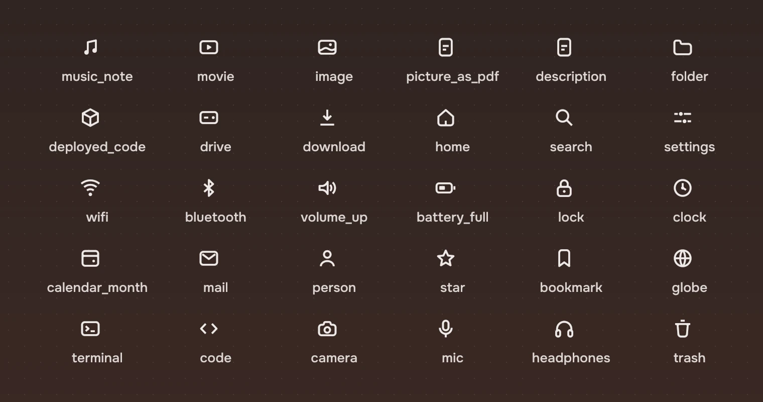 Thirty symbols with their names: music_note, movie, image, picture_as_pdf, description, folder, deployed_code, drive, download, home, search, settings, wifi, bluetooth, volume_up, battery_full, lock, clock, calendar_month, mail, person, star, bookmark, globe, terminal, code, camera, mic, headphones and trash.