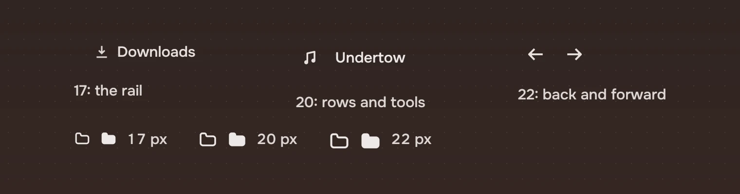 The rail row Downloads with its 17-pixel symbol, a list row with a 20-pixel symbol, and back and forward at 22, then the folder symbol in line and filled at each size.