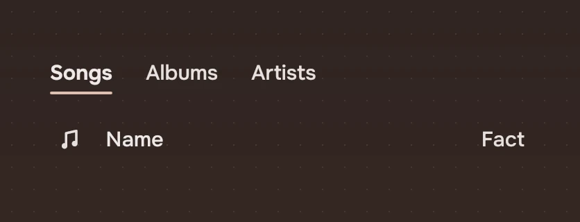 Three tabs, Songs, Albums and Artists, over a list.