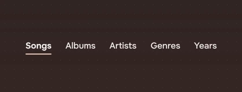 Five tabs in a row: Songs, Albums, Artists, Genres and Years.