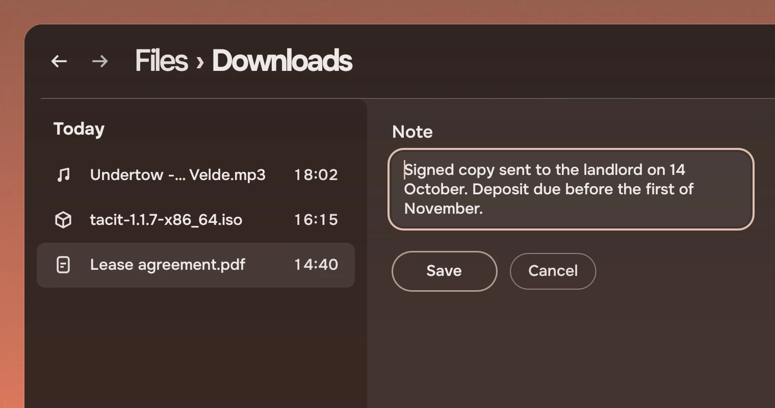 Part of a Files window with a docked panel headed Note, holding a text area with three lines about the file, Signed copy sent to the landlord on 14 October. Deposit due before the first of November, with the keyboard ring, a forward Slab Save and a quiet Slab Cancel.