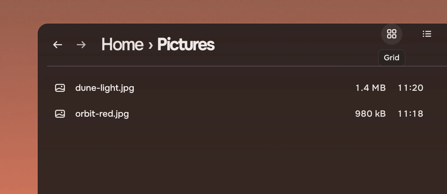 Part of a window headed Home, Pictures. In the header, the grid button is under the pointer and a small box below it says Grid. Two picture files are listed below.