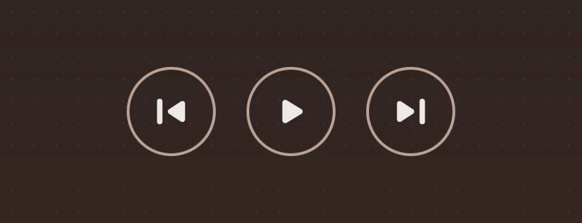 Three controls, previous, play and next, each in its own accent ring.