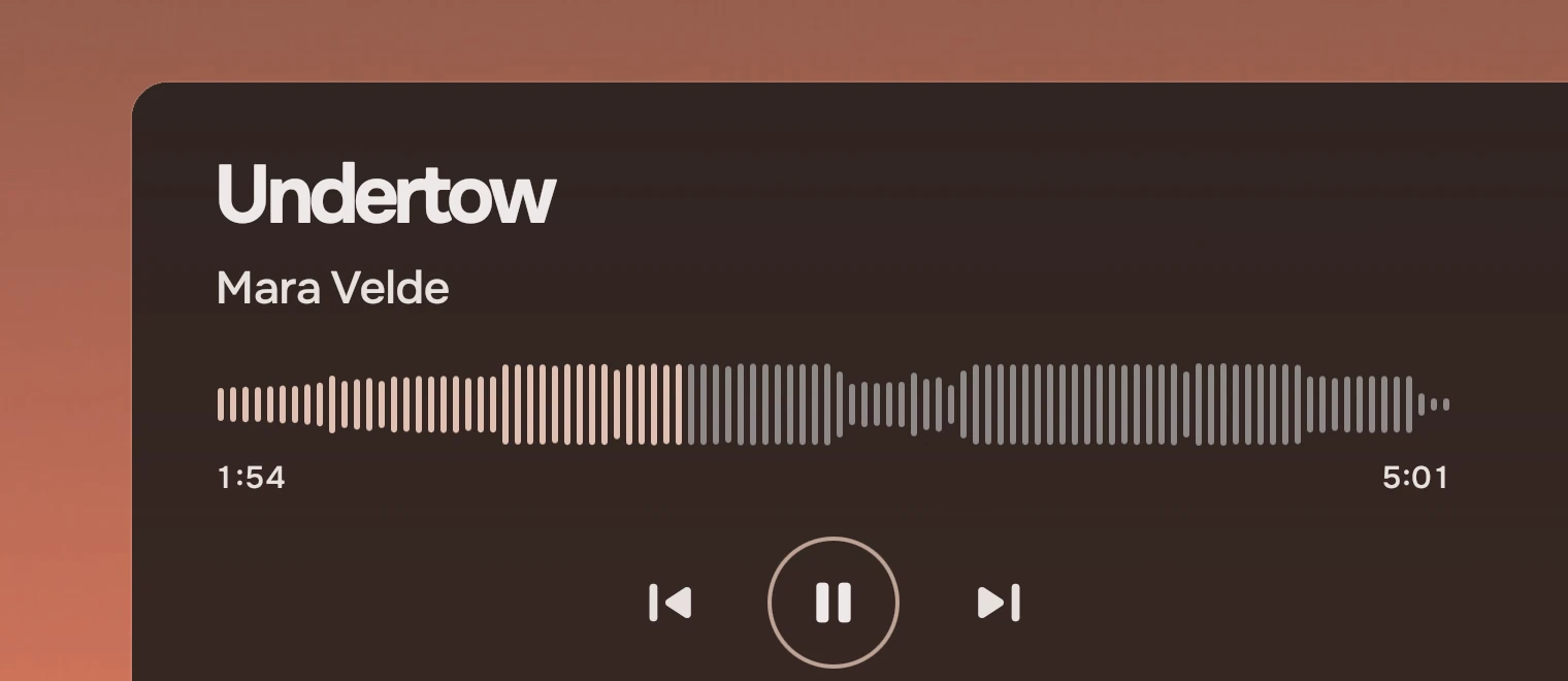 Part of a music window: the song Undertow in large type, the artist Mara Velde, a waveform played to a little over a third, the times 1:54 and 5:01, and below it previous, a ring with the pause symbol, and next.