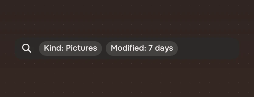 A search field with two tokens in it, Kind: Pictures and Modified: 7 days.