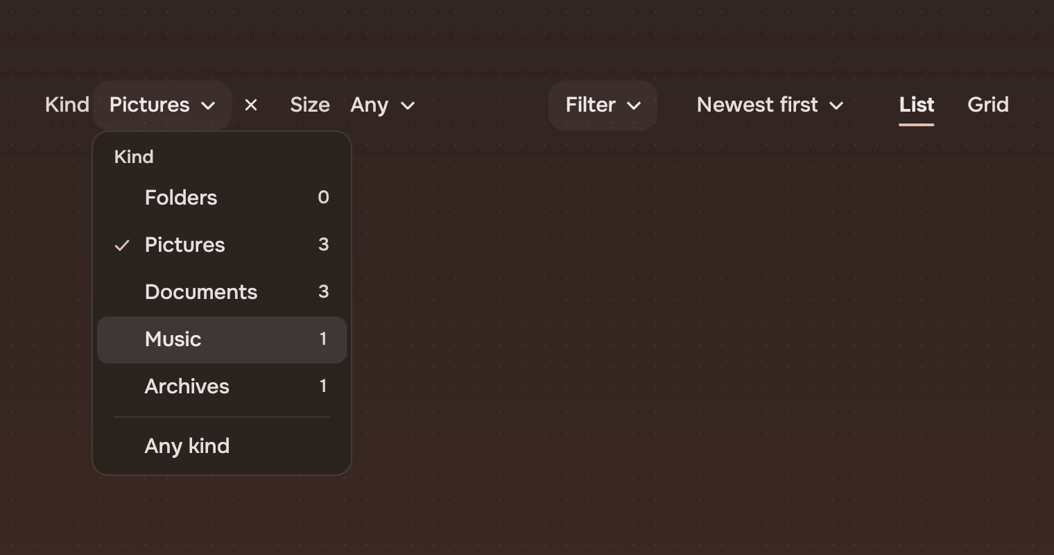 The Kind field of a view bar open as a menu below it: a heading Kind, then Folders 0, Pictures 3 ticked, Documents 3, Music 1 with the keyboard on it, Archives 1, a rule and Any kind.