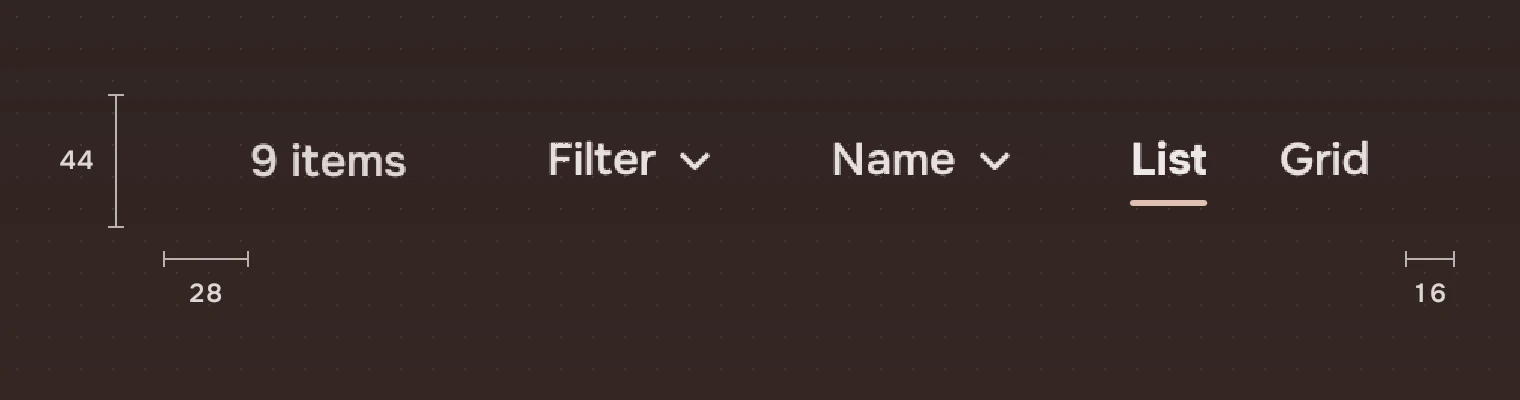 A view bar at one and a half times its size with its height of 44 pixels, 28 pixels before the count and 16 pixels after the views.