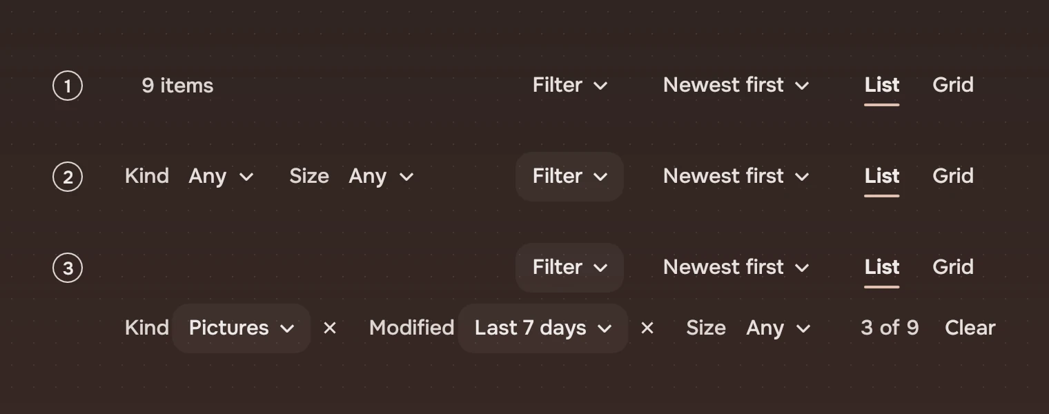 A view bar three times, numbered: at rest, with Filter on and its fields Kind and Size on the left, and with a filter on, the Kind and Modified fields showing their values with a cross, and Size, on a line of their own that ends with 3 of 9 and Clear.