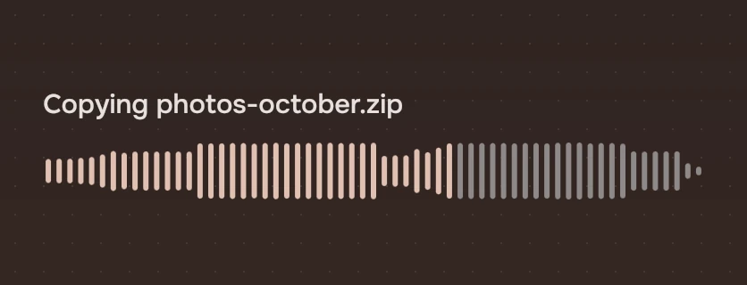 The words Copying photos-october.zip above a waveform played to 62 percent.