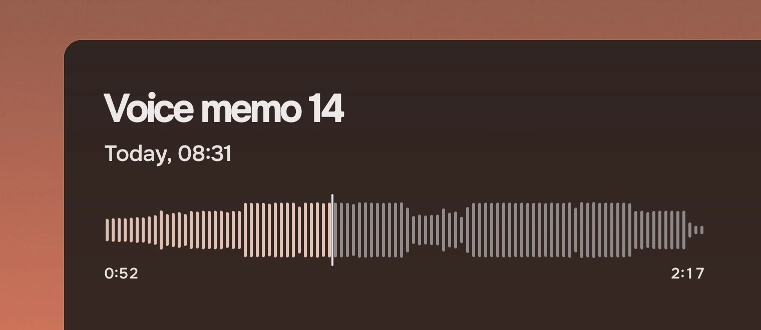 Part of a window with the title Voice memo 14, the time Today 08:31, and a waveform played to a little over a third with a thin white playhead, with the times 0:52 and 2:17 under its ends.