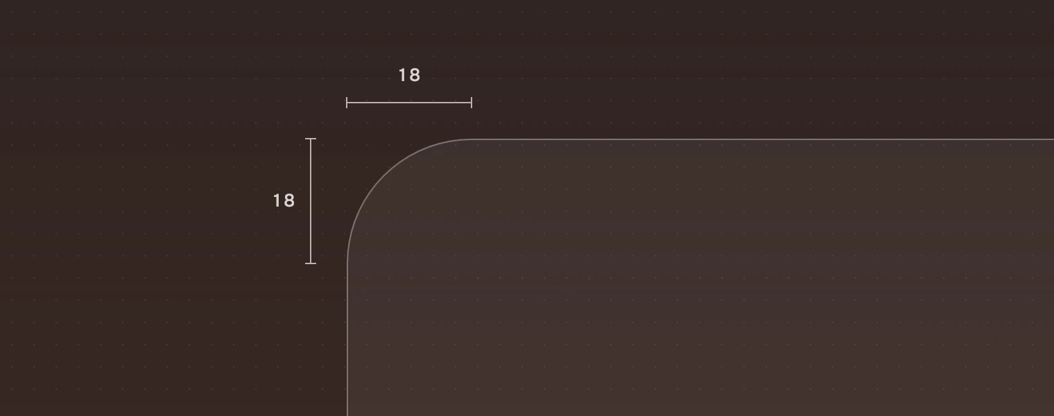 A window corner at five times its size, running off the right and bottom of the figure, with the curve 18 pixels across and 18 down.