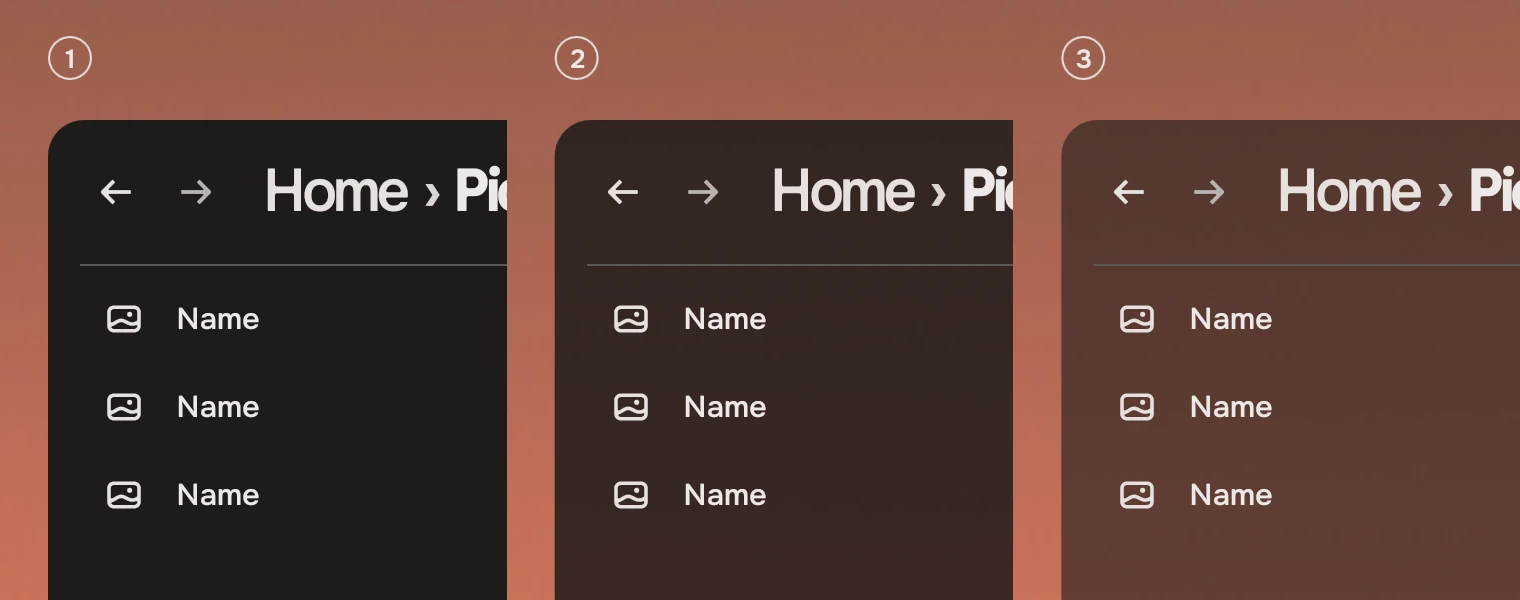 The same window three times, numbered, with the ground at three settings: 1 solid, 2 the default, 15 % see-through, 3 more see-through, 40 %.