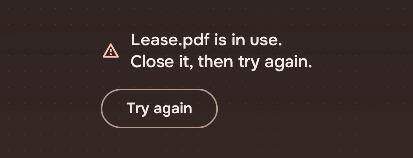 A failure with the warning symbol: Lease.pdf is in use. Close it, then try again. With a Try again button.